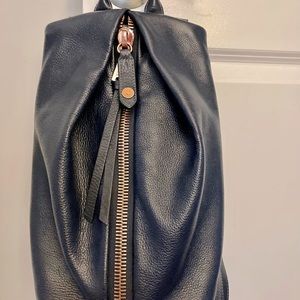 Aimee Kestenberg Dark Blue Leather Backpack with Rose Gold zipper and accents